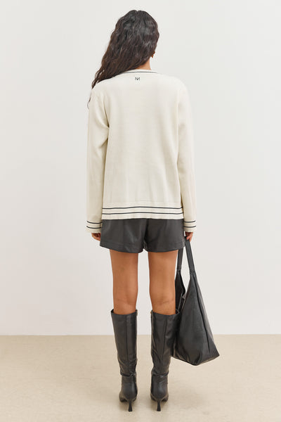 קרדיגן סריג אלאיה בשילוב כיסים | קרם/שחור