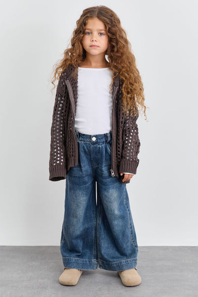 ג'קט סריג מחורר בשילוב קפוצ'ון | חום