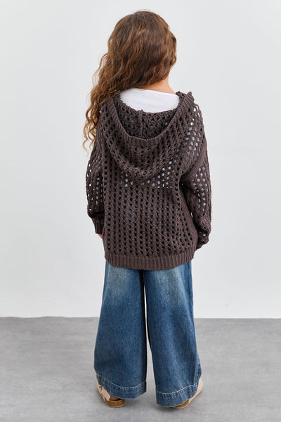 ג'קט סריג מחורר בשילוב קפוצ'ון | חום