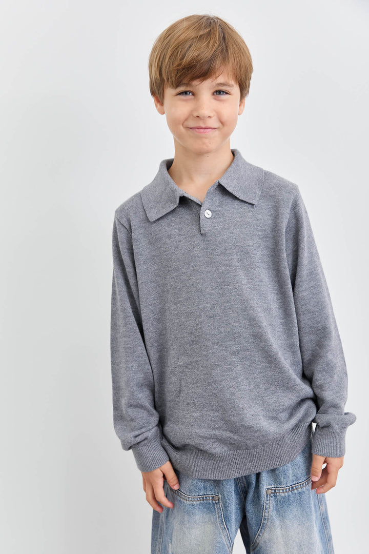 סריג פולו עם צווארון וכפתורים | אפור