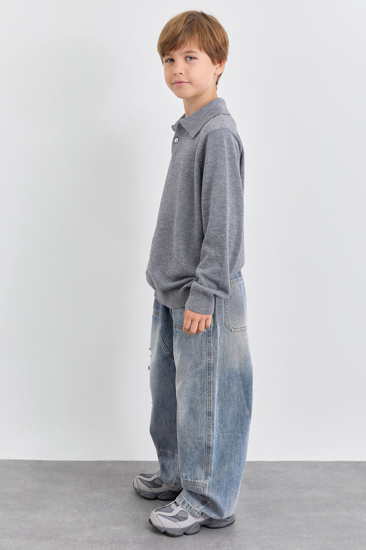 סריג פולו עם צווארון וכפתורים | אפור