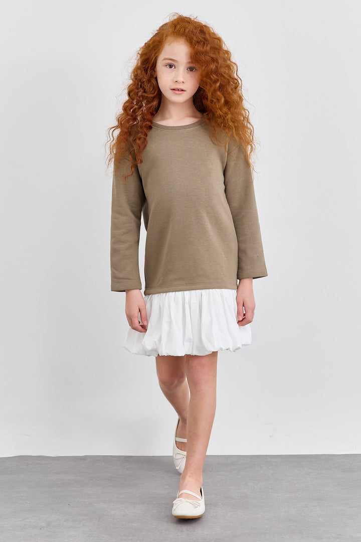 שמלת פרנץ' טרי בד משולב גזרת אוברסייז | חום