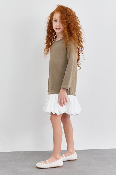 שמלת פרנץ' טרי בד משולב גזרת אוברסייז | חום