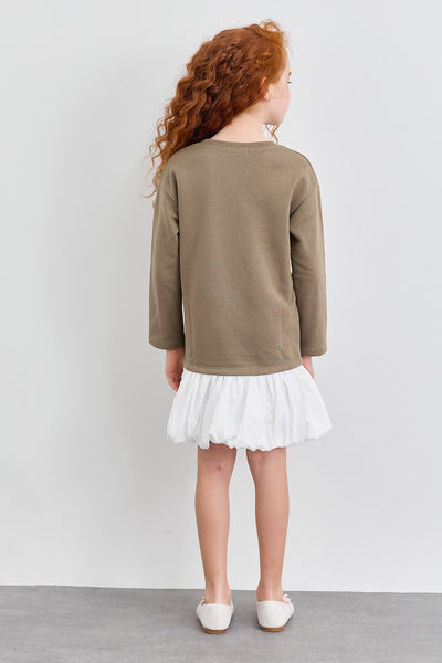 שמלת פרנץ' טרי בד משולב גזרת אוברסייז | חום