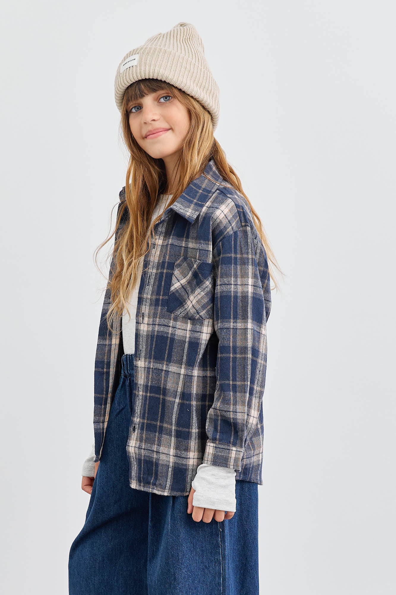 מכופתרת פליז הדפס משבצות בשילוב רקמה | כחול