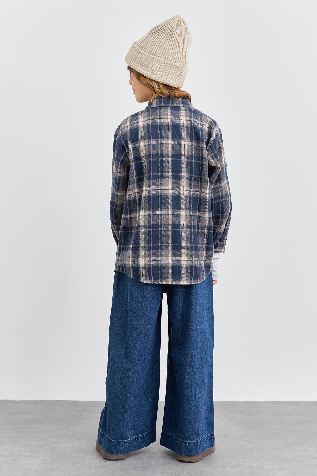 מכופתרת פליז הדפס משבצות בשילוב רקמה | כחול