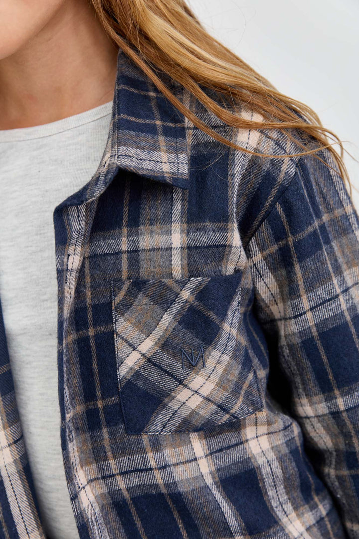 מכופתרת פליז הדפס משבצות בשילוב רקמה | כחול