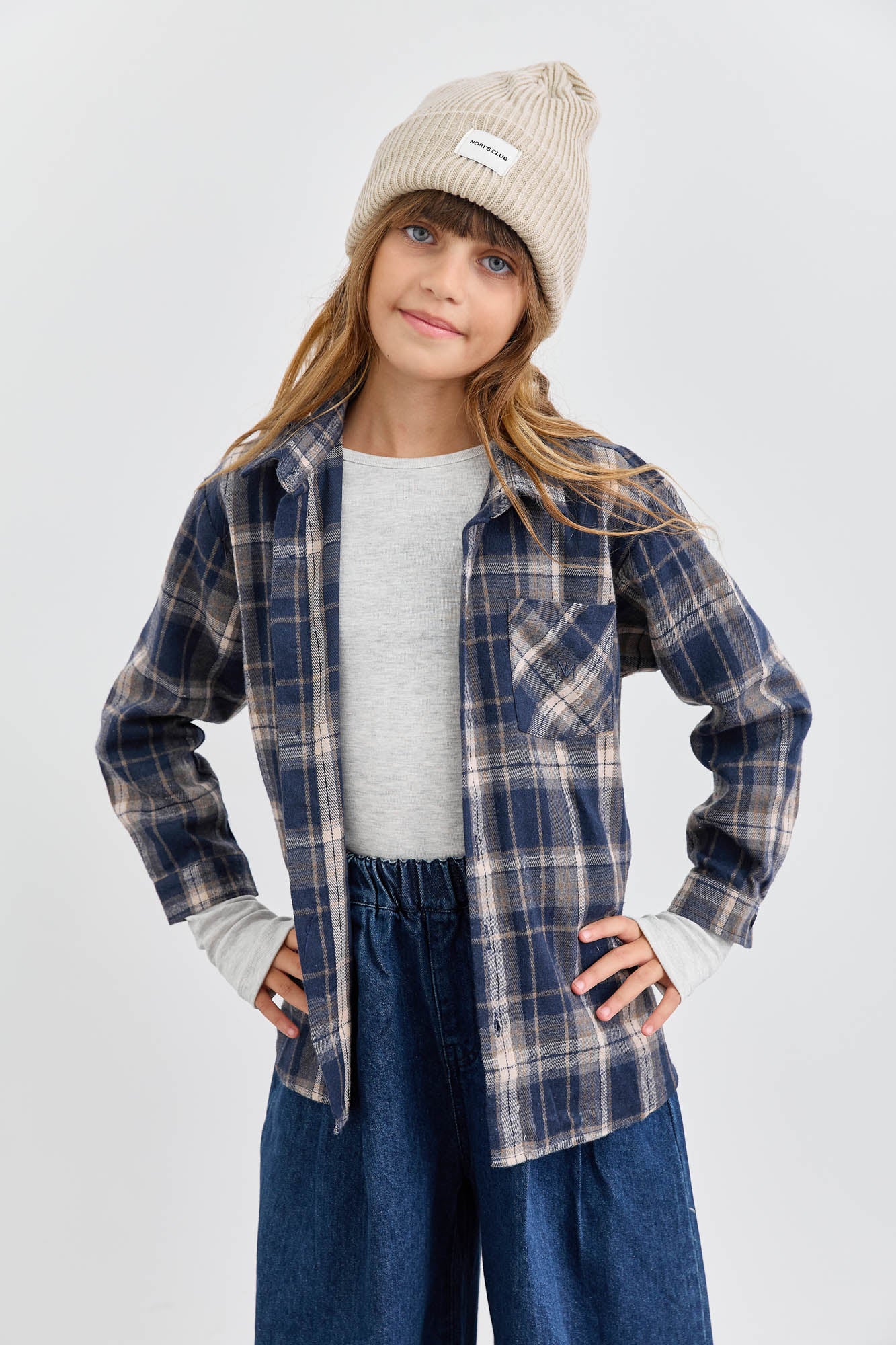 מכופתרת פליז הדפס משבצות בשילוב רקמה | כחול