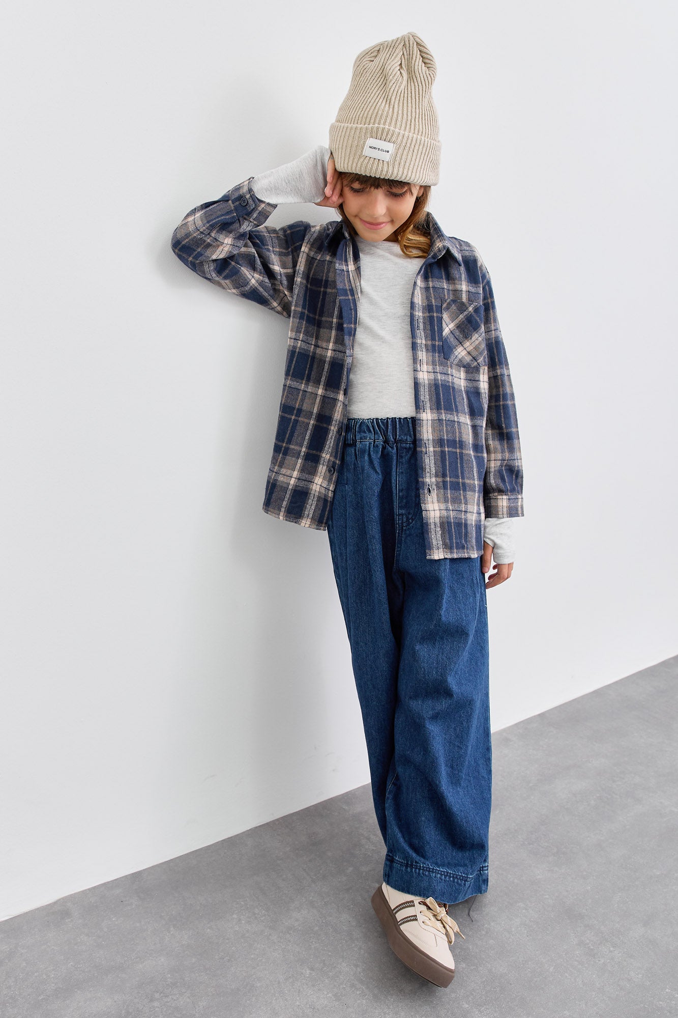 מכופתרת פליז הדפס משבצות בשילוב רקמה | כחול