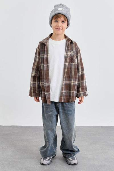 מכופתרת פליז הדפס משבצות בשילוב רקמה | חום