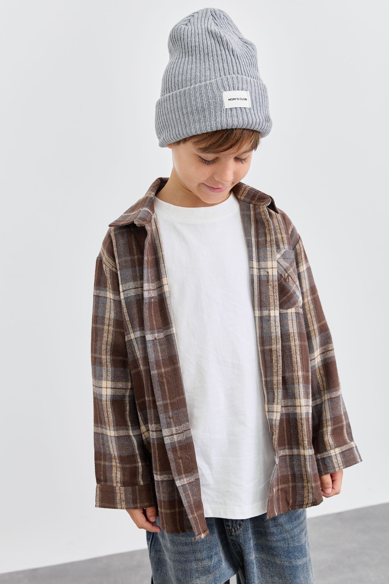 מכופתרת פליז הדפס משבצות בשילוב רקמה | חום