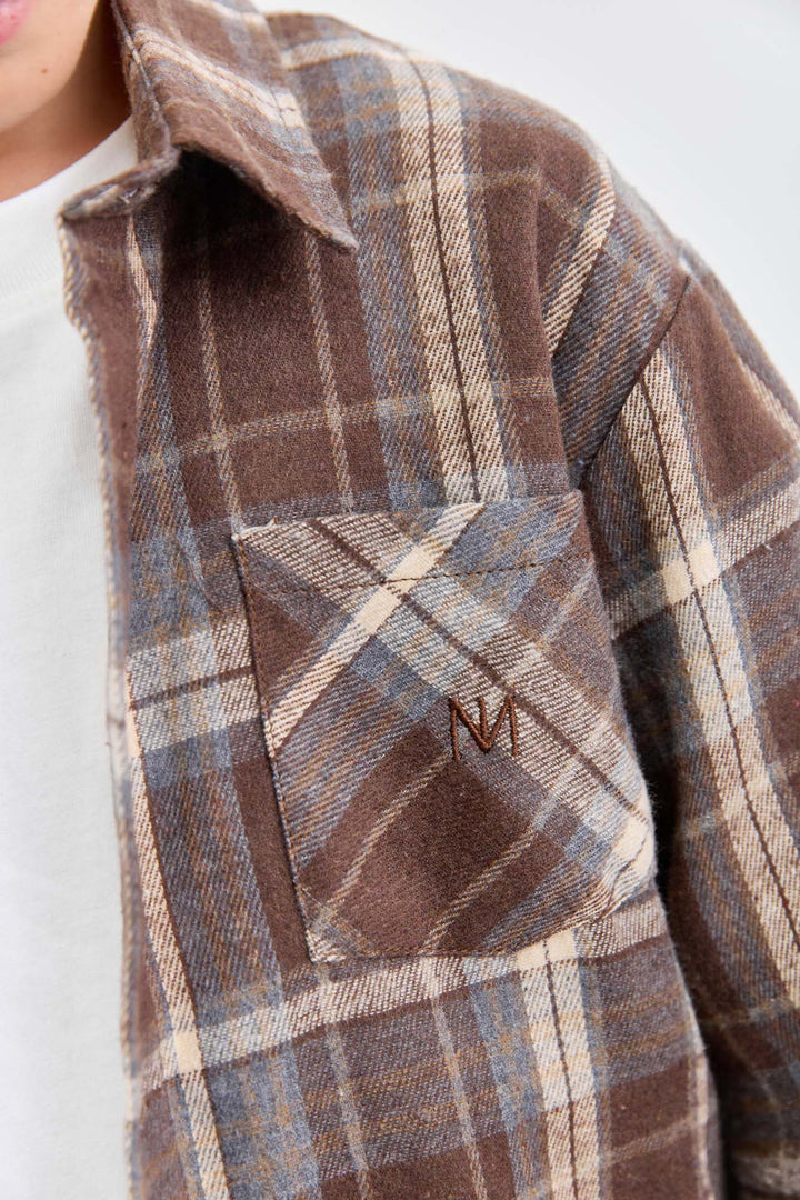 מכופתרת פליז הדפס משבצות בשילוב רקמה | חום