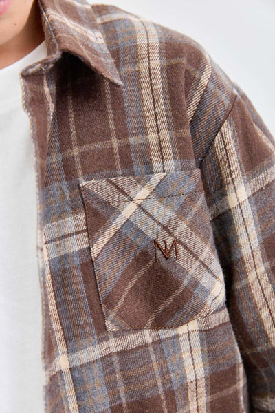 מכופתרת פליז הדפס משבצות בשילוב רקמה | חום