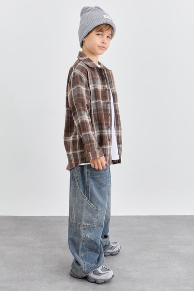 מכופתרת פליז הדפס משבצות בשילוב רקמה | חום