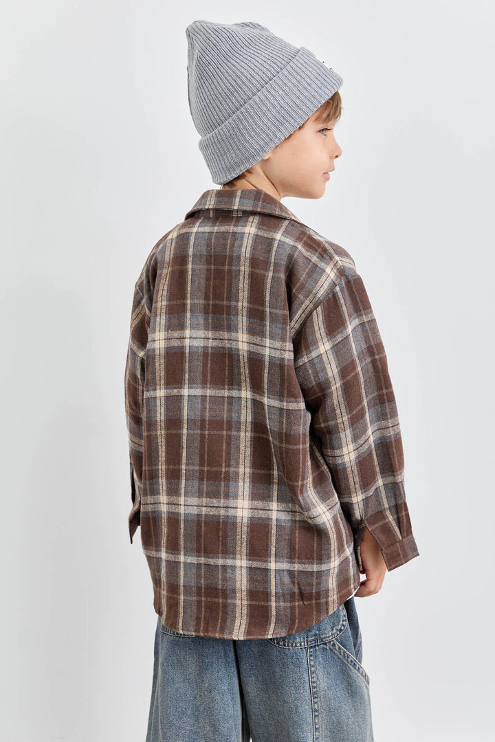 מכופתרת פליז הדפס משבצות בשילוב רקמה | חום