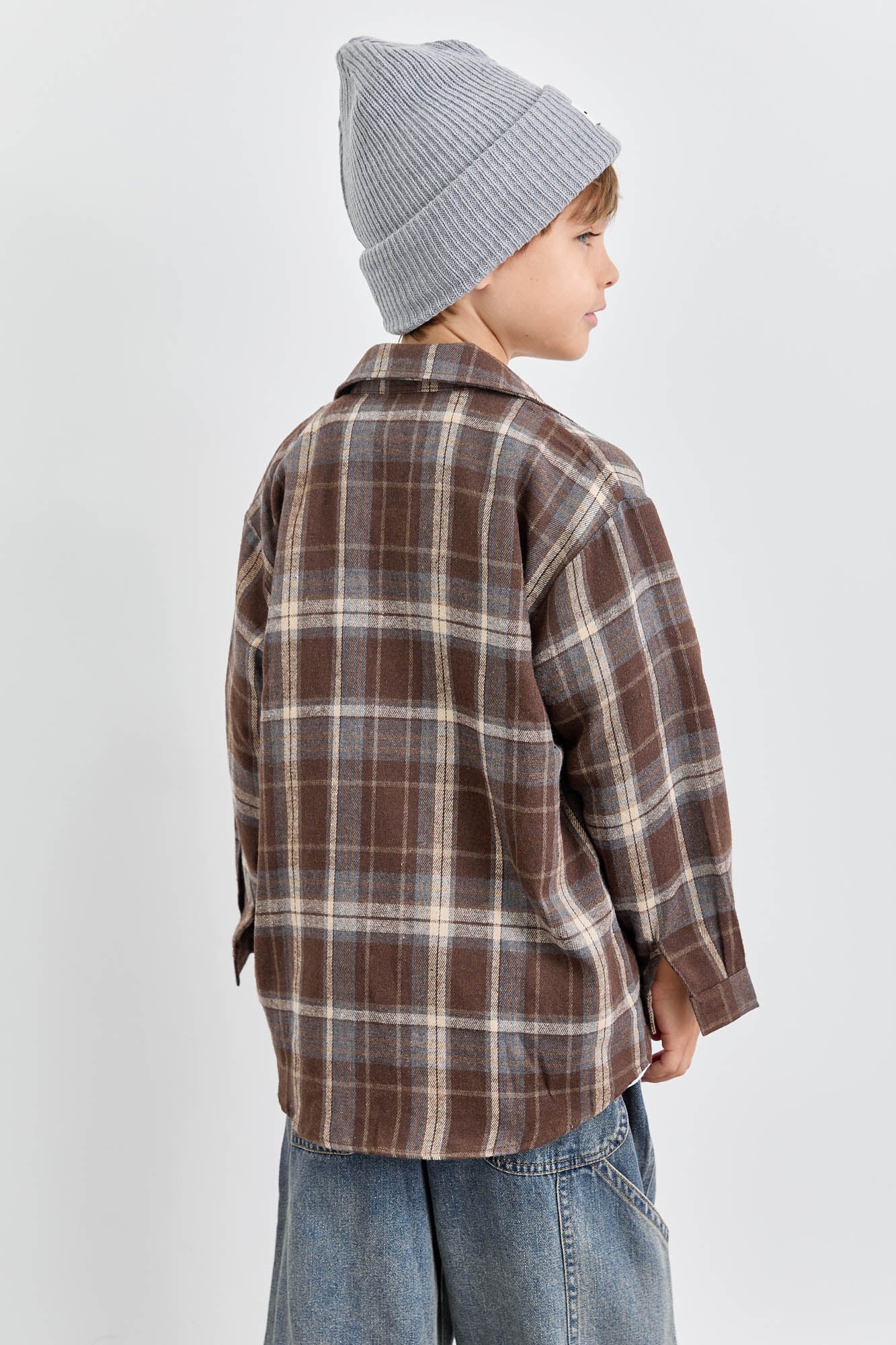 מכופתרת פליז הדפס משבצות בשילוב רקמה | חום