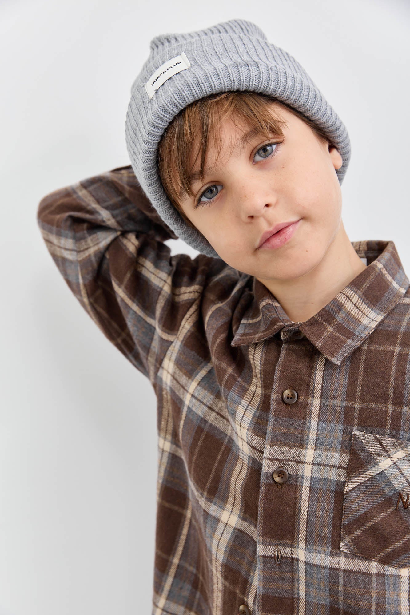 מכופתרת פליז הדפס משבצות בשילוב רקמה | חום