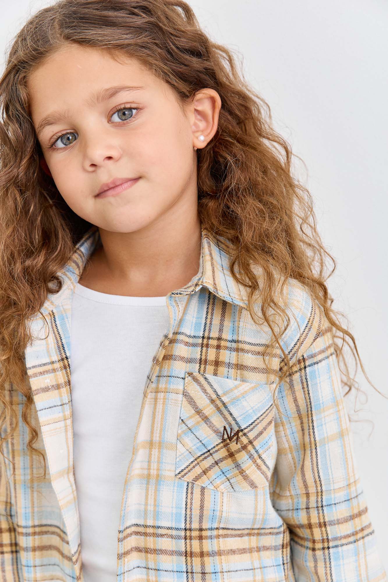 מכופתרת פליז הדפס משבצות בשילוב רקמה | צהוב