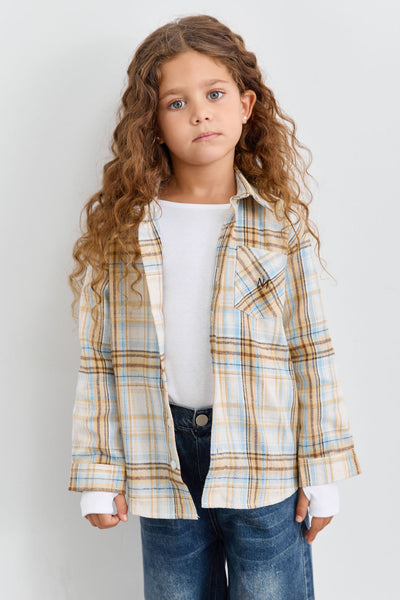 מכופתרת פליז הדפס משבצות בשילוב רקמה | צהוב