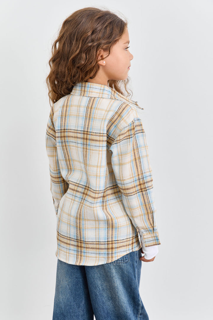 מכופתרת פליז הדפס משבצות בשילוב רקמה | צהוב