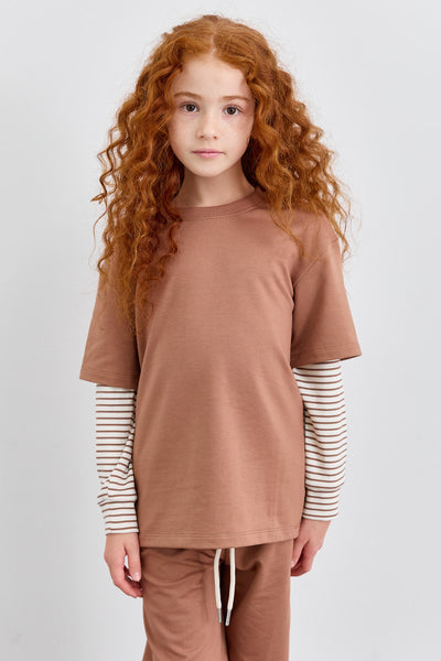 חליפת שני חלקים טי שירט שרוול ארוך בד משולב ומכנסי בלון | בז'