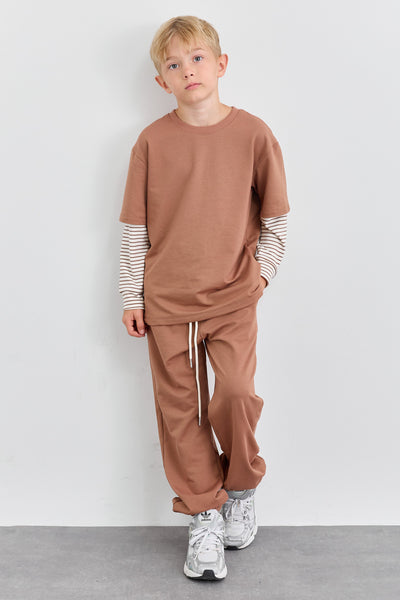 חליפת שני חלקים טי שירט שרוול ארוך בד משולב ומכנסי בלון | בז'