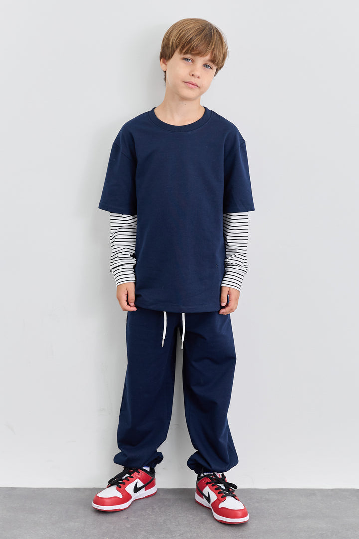 חליפת שני חלקים טי שירט שרוול ארוך בד משולב ומכנסי בלון | כחול