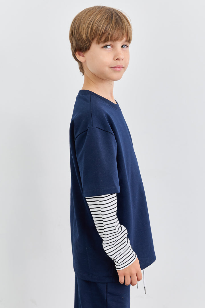 חליפת שני חלקים טי שירט שרוול ארוך בד משולב ומכנסי בלון | כחול