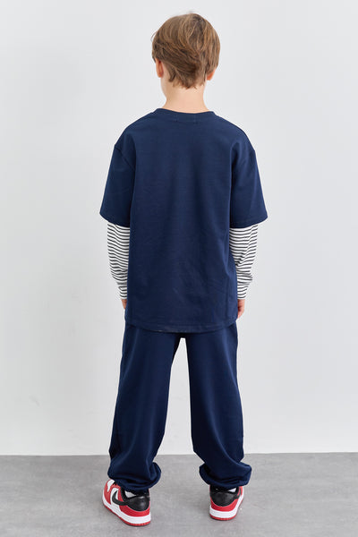 חליפת שני חלקים טי שירט שרוול ארוך בד משולב ומכנסי בלון | כחול