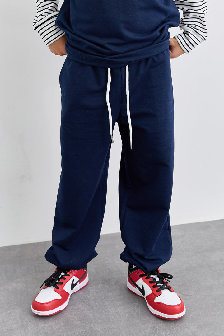 חליפת שני חלקים טי שירט שרוול ארוך בד משולב ומכנסי בלון | כחול