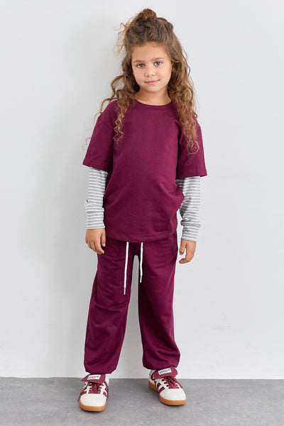 חליפת שני חלקים טי שירט שרוול ארוך בד משולב ומכנסי בלון | סגול