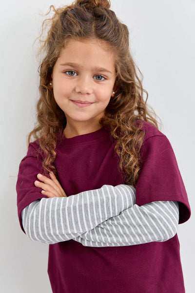 חליפת שני חלקים טי שירט שרוול ארוך בד משולב ומכנסי בלון | סגול