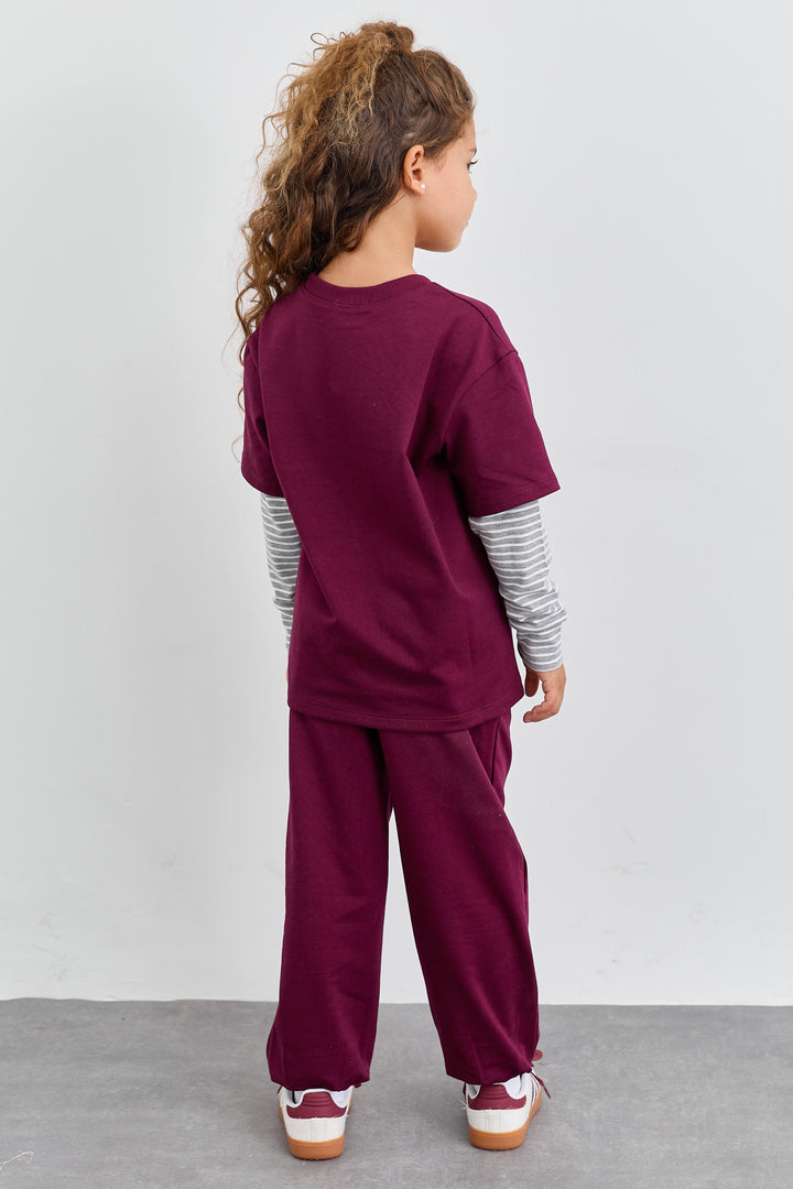 חליפת שני חלקים טי שירט שרוול ארוך בד משולב ומכנסי בלון | סגול