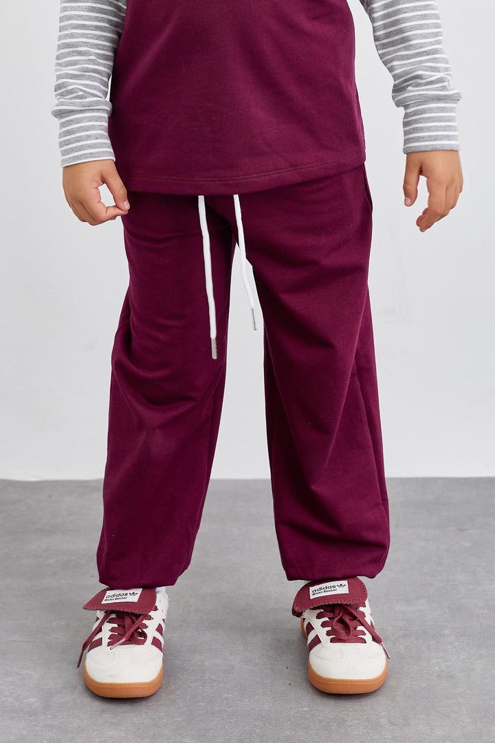 חליפת שני חלקים טי שירט שרוול ארוך בד משולב ומכנסי בלון | סגול