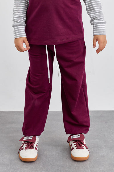 חליפת שני חלקים טי שירט שרוול ארוך בד משולב ומכנסי בלון | סגול