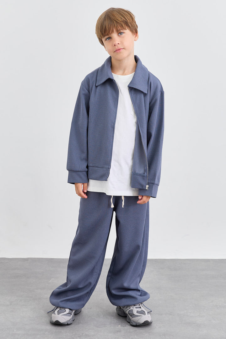 חליפת וופל ג'קט אוברסייז ומכנסי בלון | כחול