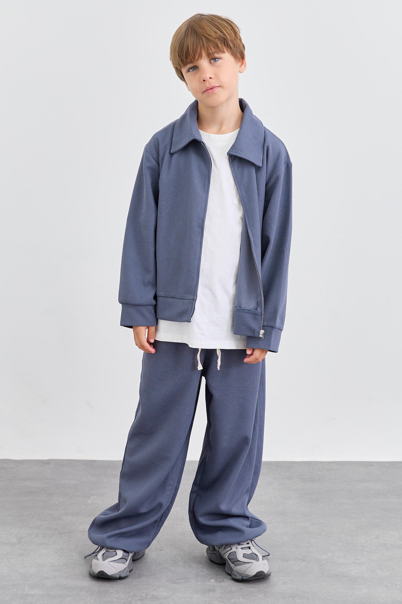 חליפת וופל ג'קט אוברסייז ומכנסי בלון | כחול