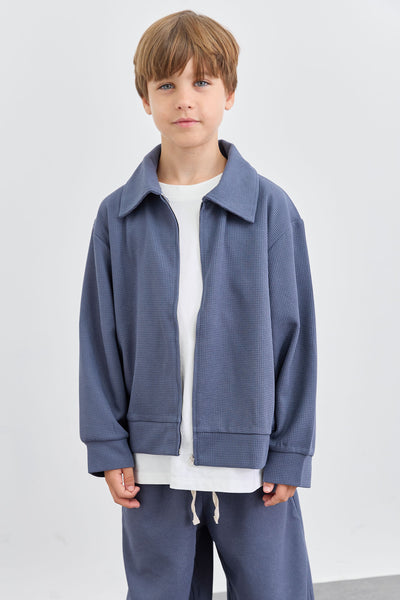 חליפת וופל ג'קט אוברסייז ומכנסי בלון | כחול