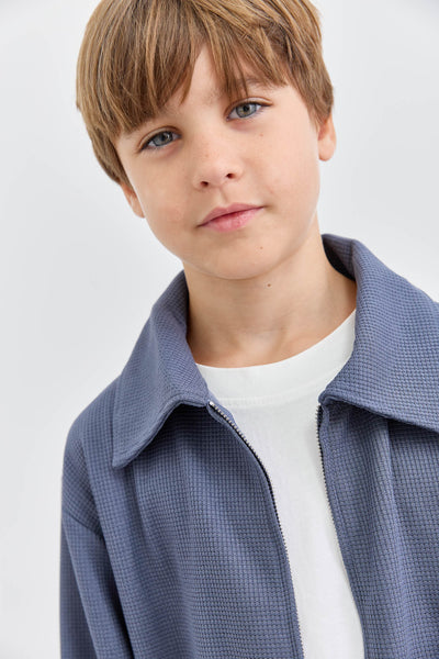 חליפת וופל ג'קט אוברסייז ומכנסי בלון | כחול