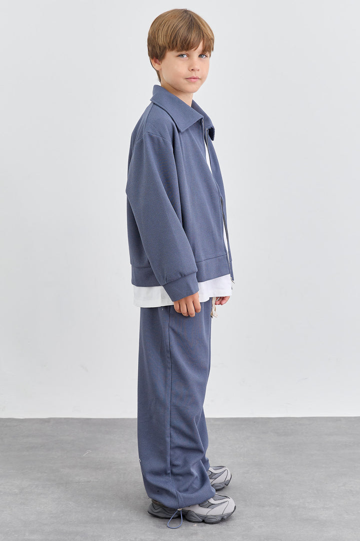 חליפת וופל ג'קט אוברסייז ומכנסי בלון | כחול