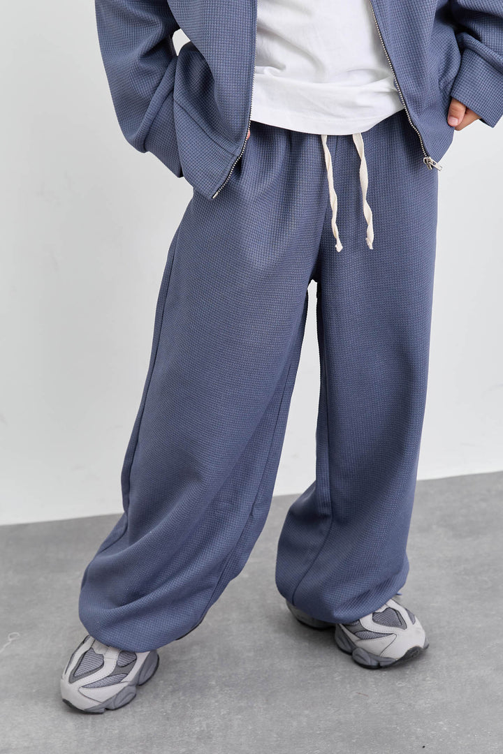 חליפת וופל ג'קט אוברסייז ומכנסי בלון | כחול