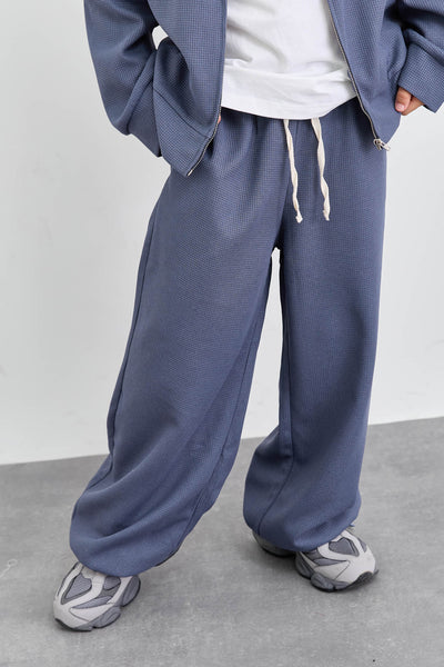 חליפת וופל ג'קט אוברסייז ומכנסי בלון | כחול