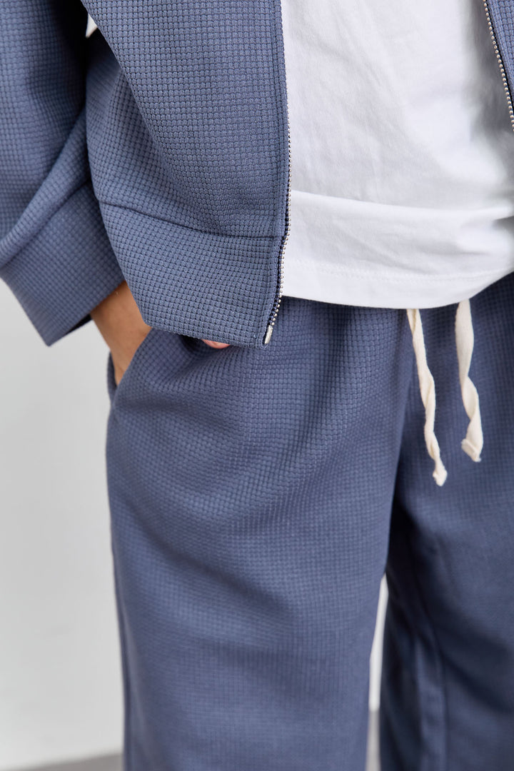 חליפת וופל ג'קט אוברסייז ומכנסי בלון | כחול