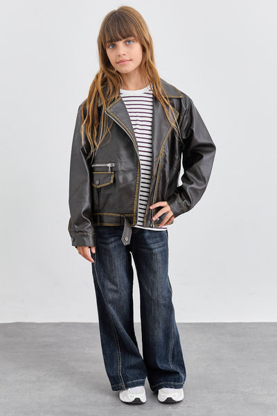 מעיל אוברסייז דמוי עור במראה משופשף | שחור