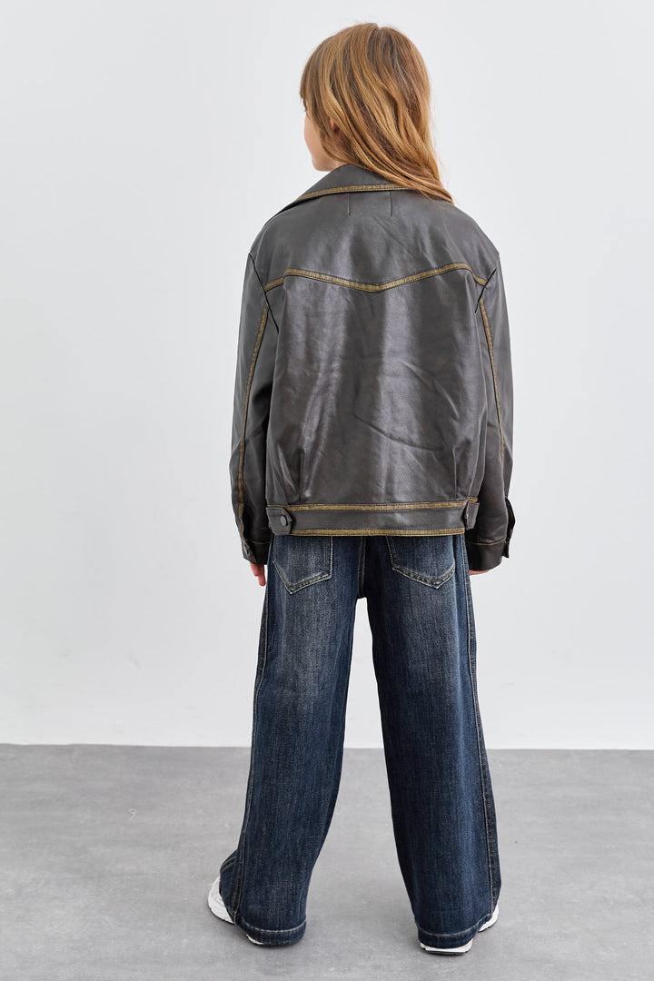 מעיל אוברסייז דמוי עור במראה משופשף | שחור