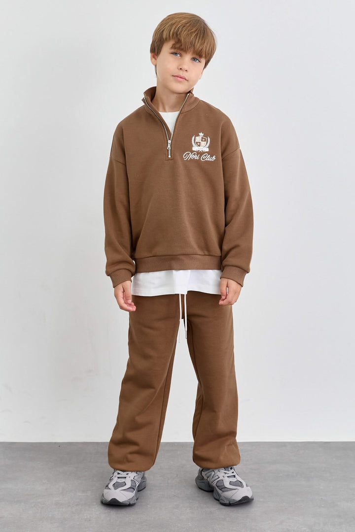 חליפה מבד פרנץ' טרי סווטשירט גולף עם רוכסן ומכנסי בלון | חום