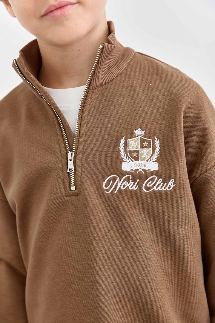 חליפה מבד פרנץ' טרי סווטשירט גולף עם רוכסן ומכנסי בלון | חום