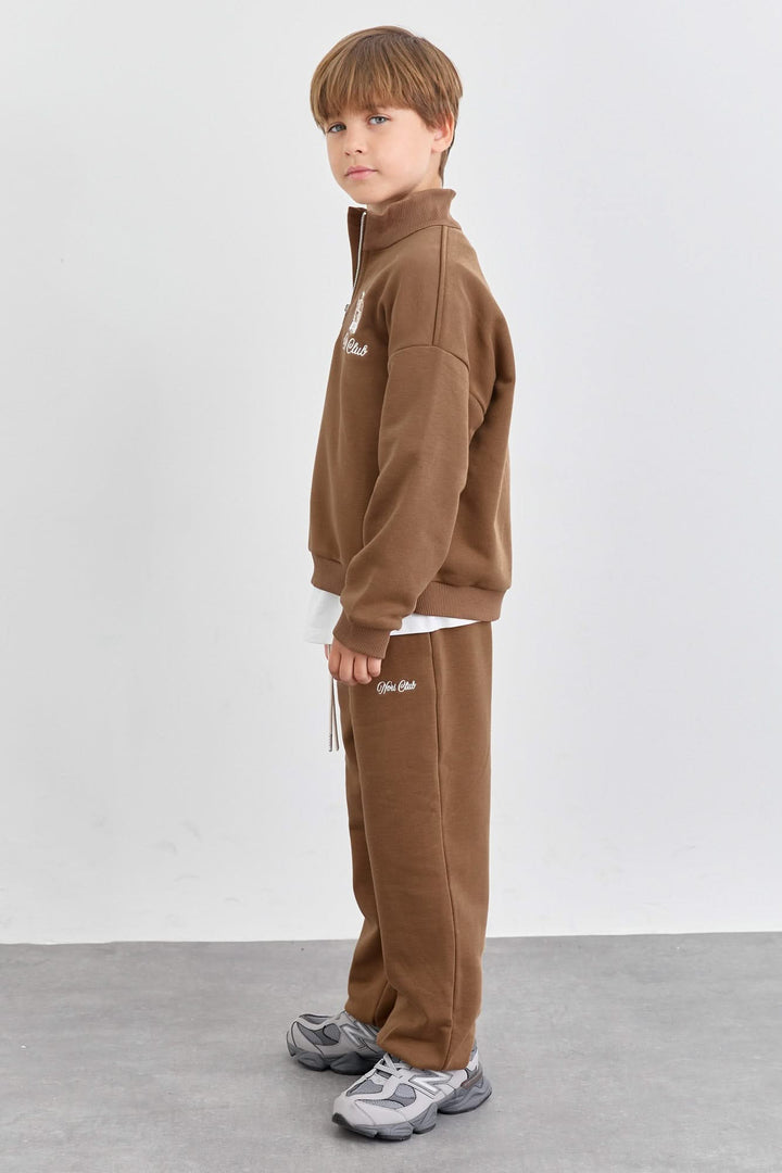 חליפה מבד פרנץ' טרי סווטשירט גולף עם רוכסן ומכנסי בלון | חום