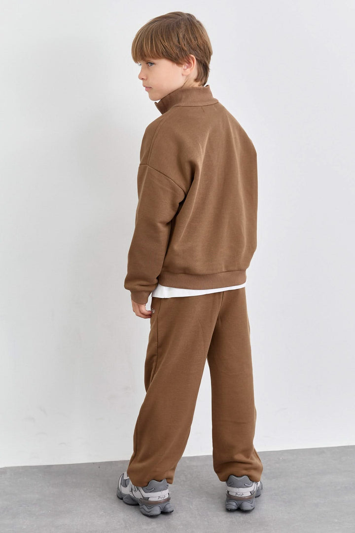 חליפה מבד פרנץ' טרי סווטשירט גולף עם רוכסן ומכנסי בלון | חום