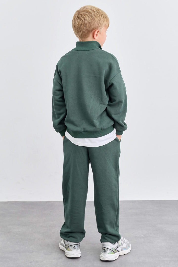 חליפה מבד פרנץ' טרי סווטשירט גולף עם רוכסן ומכנסי בלון | ירוק